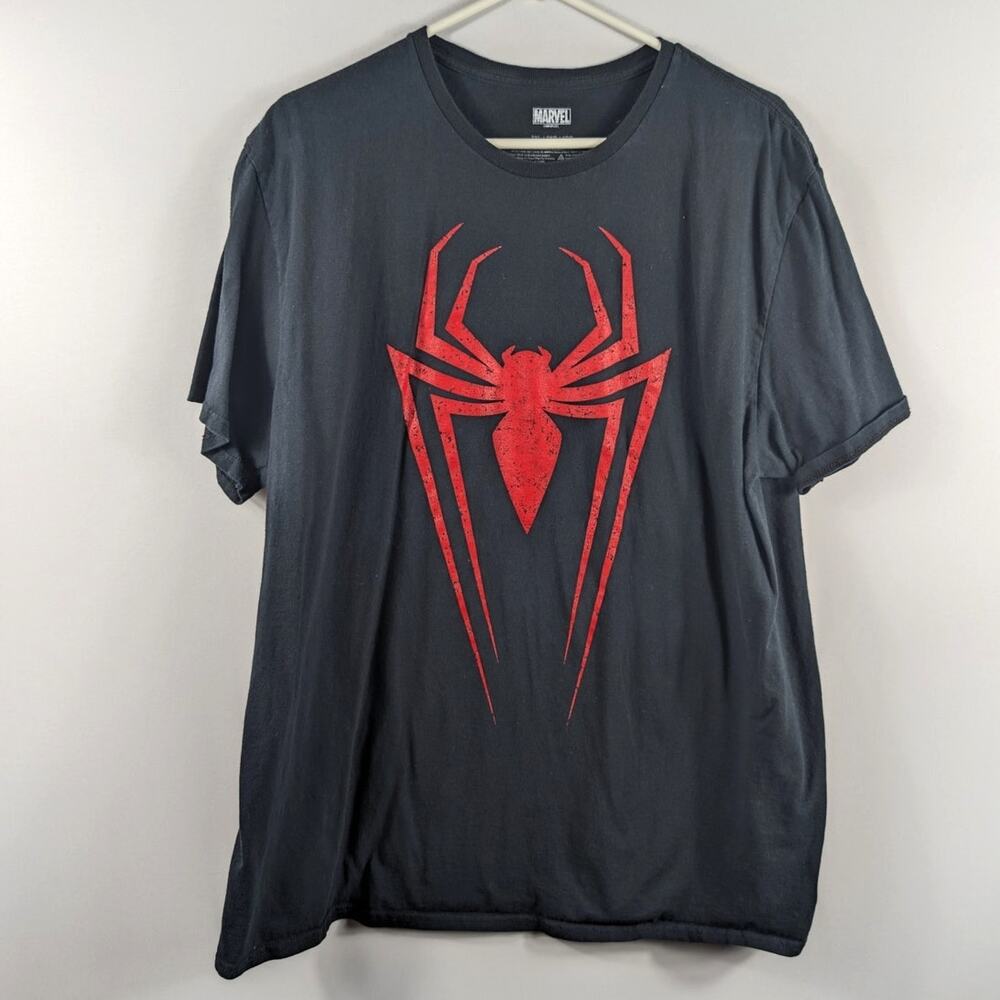Marvel Spider-Man Logo Graphic Tee 2XL Black Red Distressed Print 100% Cotton